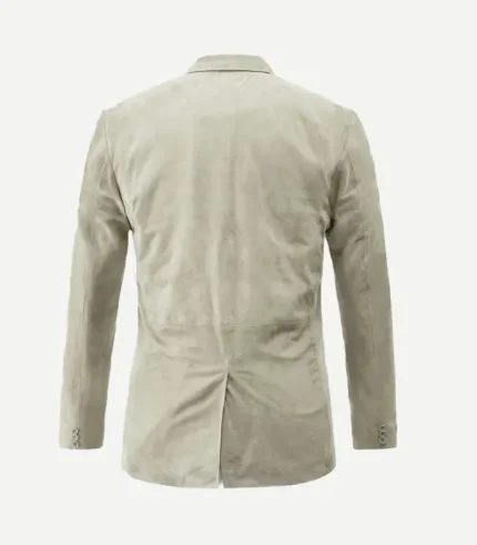 Mens Cream Suede Leather Blazer with high-quality stitching and a velvety surface in a bright, neutral cream shade.