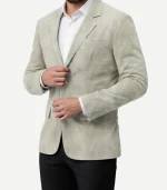 Mens Cream Suede Leather Blazer featuring a soft off-white finish and a sharp, modern two-button closure.