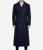 Front view of a Mens Dark Blue Double Breasted Wool Coat with wide lapels and high-quality textured wool fabric.