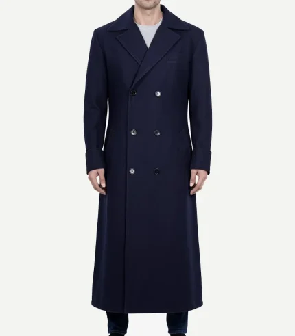 Front view of a Mens Dark Blue Double Breasted Wool Coat with wide lapels and high-quality textured wool fabric.