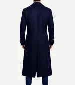 A Mens Dark Blue Double Breasted Wool Coat featuring a sharp tailored fit and classic button arrangement.