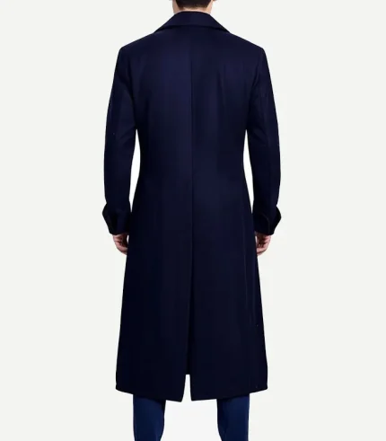 A Mens Dark Blue Double Breasted Wool Coat featuring a sharp tailored fit and classic button arrangement.