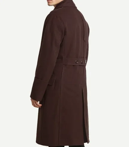 Front view of a Mens Dark Brown Double Breasted Wool Coat with wide peak lapels and a smooth, tailored finish.