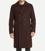 Mens Dark Brown Double Breasted Wool Coat featuring a structured six-button front and a rich, chocolate-toned wool fabric.