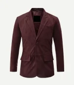 Mens Grapevine Suede Leather Blazer in a deep purple-burgundy tone with a soft-touch texture and tailored fit.