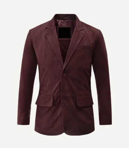 Mens Grapevine Suede Leather Blazer in a deep purple-burgundy tone with a soft-touch texture and tailored fit.