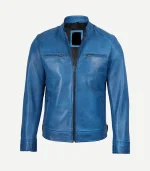Distressed Blue Biker Style Leather Jacket for men showcasing a polished vintage-wash finish and a high-end rugged profile for a modern fashion statement.