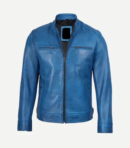Distressed Blue Biker Style Leather Jacket for men showcasing a polished vintage-wash finish and a high-end rugged profile for a modern fashion statement.