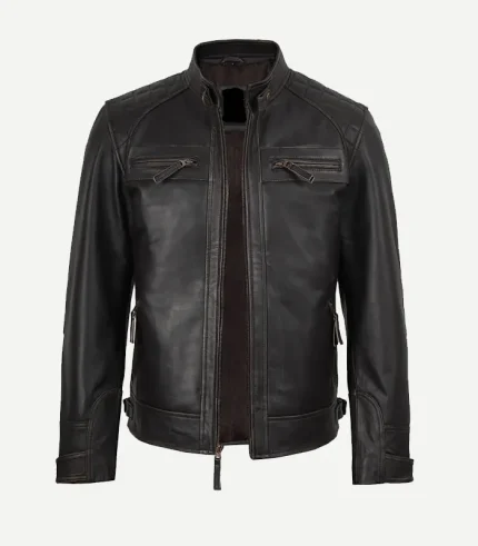 Distressed Brown Biker Style Leather Jacket for men showcasing a polished vintage-wash finish and a high-end rugged profile for a modern fashion statement.