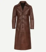 Mens Leather Duster Brown Long Coat for men showing a sharp spread collar and high-quality, heavy-duty button closures.