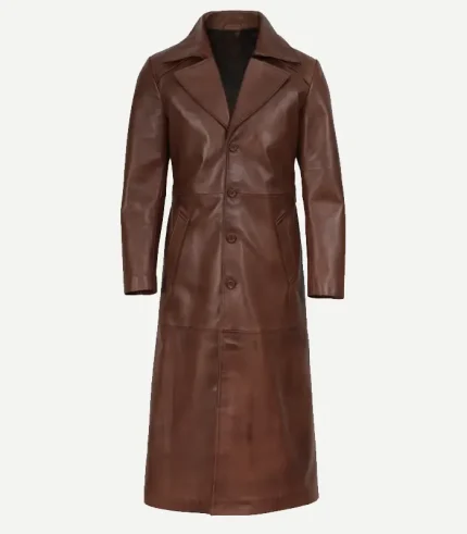 Mens Leather Duster Brown Long Coat for men showing a sharp spread collar and high-quality, heavy-duty button closures.