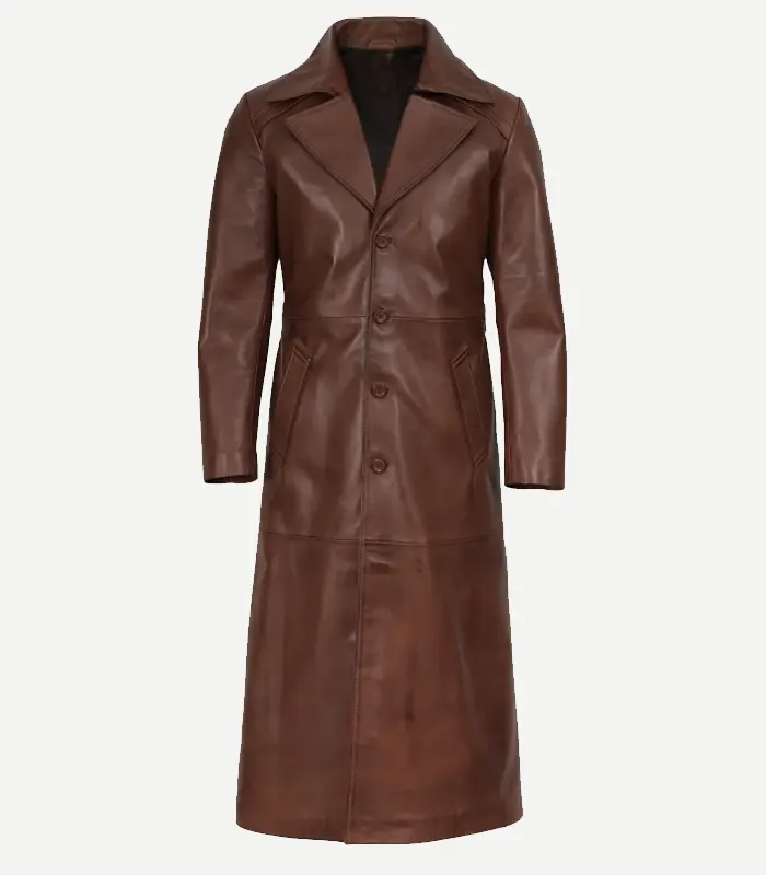 Mens Leather Duster Brown Long Coat Mens Leather Duster Brown Long Coat for men showing a sharp spread collar and high-quality, heavy-duty button closures.