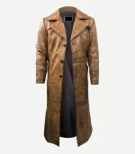 Mens Leather Duster Trench Coat showing a professional front view with a buckled waist belt and structured shoulders.