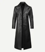Mens Long Leather Duster Black Coat showing the detailed back vent and structured shoulders for maximum comfort.