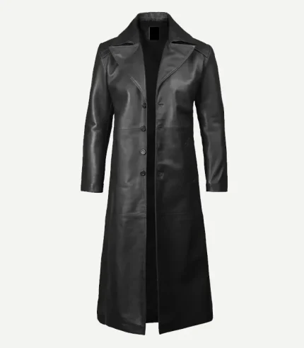 Mens Long Leather Duster Black Coat showing the detailed back vent and structured shoulders for maximum comfort.