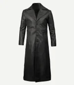 Mens Long Leather Duster Black Coat featuring a full-length silhouette and a classic button-down front design.