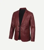 Side view of a Mens Maroon Leather Blazer showing the detailed stitching and structured shoulders for a clean fit.