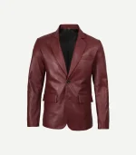 Mens Maroon Leather Blazer in a sleek two-button design featuring a rich burgundy finish and tailored fit.