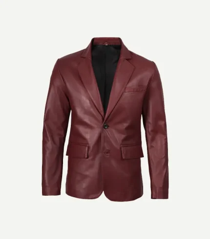 Mens Maroon Leather Blazer in a sleek two-button design featuring a rich burgundy finish and tailored fit.