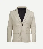 Front view of a Mens Off White Leather Blazer showing the tailored fit and detailed pocket styling.