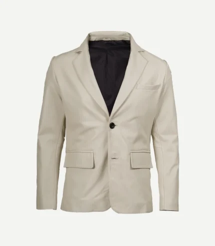 Front view of a Mens Off White Leather Blazer showing the tailored fit and detailed pocket styling.