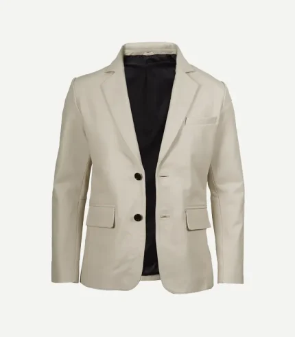 A sleek Mens Off White Leather Blazer styled for a luxury smart-casual look with structured shoulders.