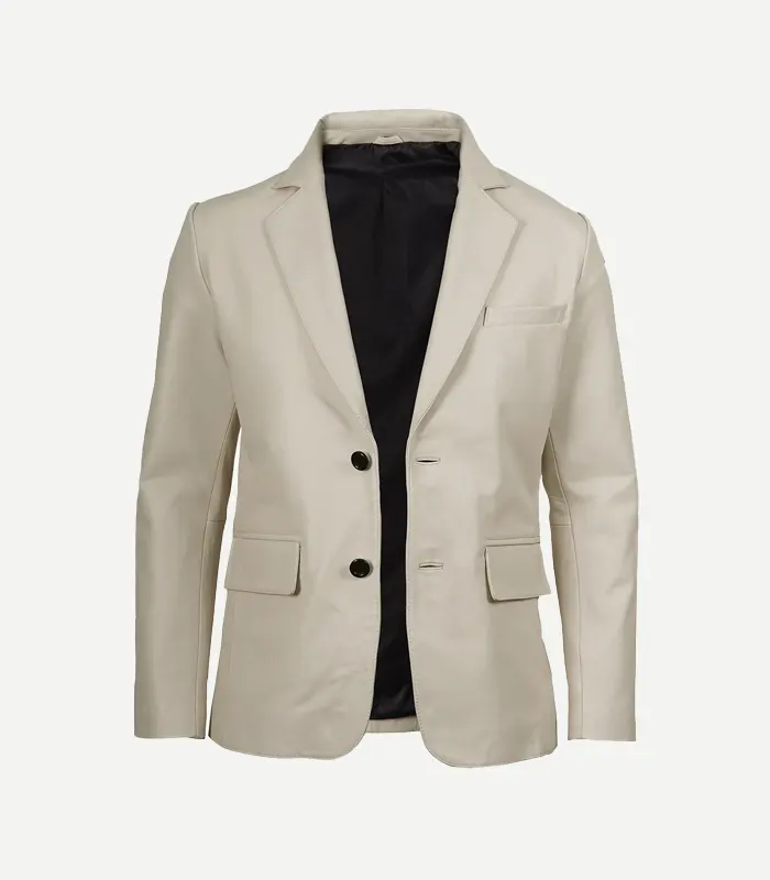 Mens Off White Leather Blazer A sleek Mens Off White Leather Blazer styled for a luxury smart-casual look with structured shoulders.