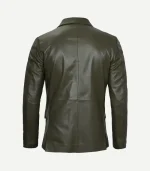 Front view of a Mens Olive Green Leather Blazer featuring a clean, structured design and high-quality stitching.