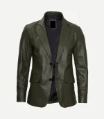 A Mens Olive Green Leather Blazer styled for a smart-casual look with a smooth, polished leather surface.