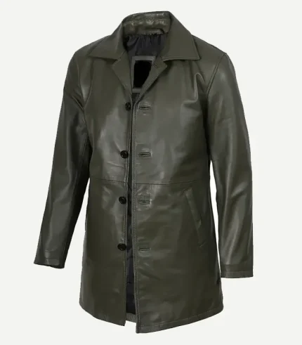 Olive Green Leather Coat for men showcasing a premium forest-olive finish and a high-end rugged profile for a sophisticated fashion statement.
