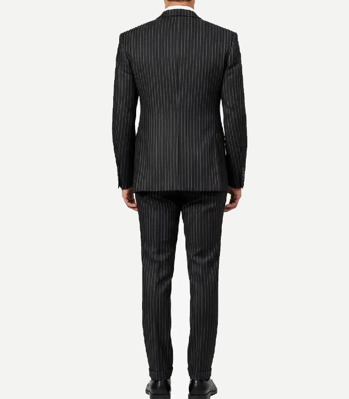 A Men’s Pinstripe 3 Piece Suit in a classic Shelby style, featuring a matching jacket, vest, and trousers.