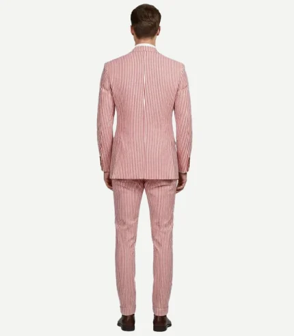 A Mens Red Seersucker Style Suit featuring a sharp tailored fit and a classic textured stripe design.