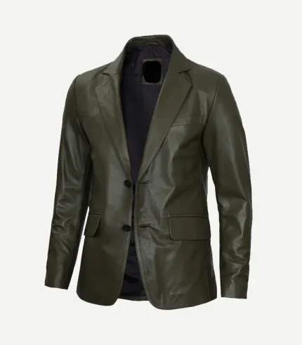 A Mens Olive Green Leather Blazer featuring a classic two-button closure and sharp, well-defined notch lapels.