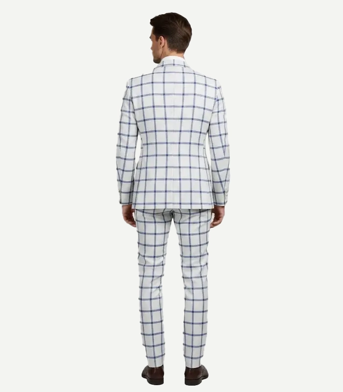 A Mens White Checks Seersucker Style Suit tailored for a modern fit with a crisp, breathable white pattern.