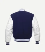 Back view of a navy blue and white varsity jacket showing the solid dark wool body, white leather sleeves, and striped elastic waistband.