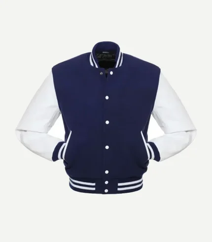 Front view of a navy blue varsity jacket with white leather sleeves, white snap buttons, and striped ribbed collar and cuffs on a plain background.