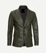 Mens Olive Green Leather Blazer in a rich earth-tone finish with a professional tailored silhouette.