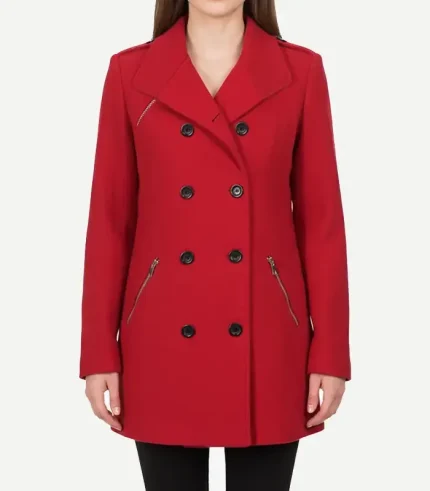 A stunning Double Breasted Classic Red Wool Coat with traditional large buttons and a wide collar.