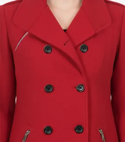 Side view of a Double Breasted Classic Red Wool Coat showing the high-quality stitching and heavy fabric.