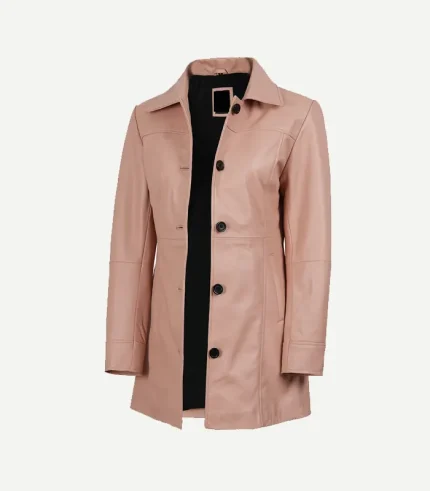 Womens Pink Leather Car Coat in a vibrant blush hue featuring a streamlined mid-length cut and a polished finish.