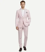 A professional Pink Seersucker Style Suit showing the classic striped texture and a modern slim fit.