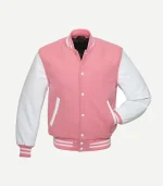 Side-angled view of a pink wool varsity jacket featuring white leather sleeves, white snap fasteners, and striped rib-knit trim on the collar and waistband.