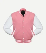 Front view of a pink varsity jacket with white leather sleeves, snap buttons, slanted pockets, and pink-and-white striped ribbed collar, cuffs, and hem.
