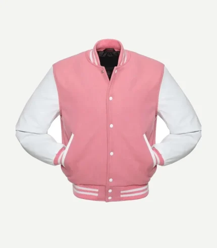 Front view of a pink varsity jacket with white leather sleeves, snap buttons, slanted pockets, and pink-and-white striped ribbed collar, cuffs, and hem.