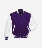 Front view of a purple and white letterman jacket with a button-down front and striped athletic trim on the neck, wrists, and waist.