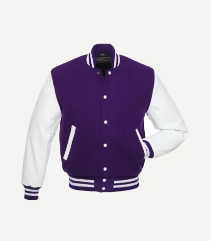 Front view of a purple and white letterman jacket with a button-down front and striped athletic trim on the neck, wrists, and waist.