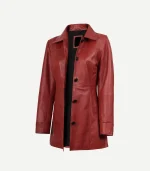 Womens Red Leather Car Coat with a minimalist design and a smooth, high-quality leather texture for a luxury feel.
