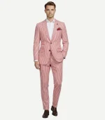 Front view of a Red Seersucker Style Suit showing the unique puckered fabric and bright red tone.