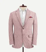 A full Red Seersucker Style Suit two piece set with a matching coat and trousers in a breathable fabric.