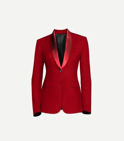 A front-facing close-up of the blazer featuring a smooth, curved red satin shawl lapel. The jacket has a single button closure and two horizontal flap pockets at the hips.